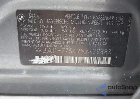 2009 BMW 328I z USA, uszkodzony, nr VIN WBAPH77549NM29883